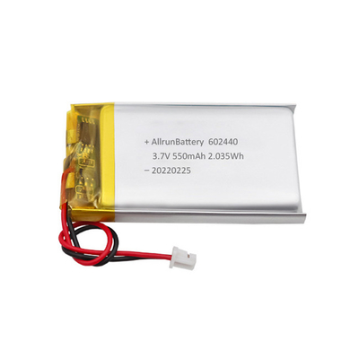 Kundenspezifischer leistungsstarker dünner wiederaufladbarer LiPo-Akku 3,7 V 550 mAh 602440