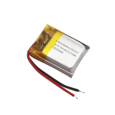 Dünner IoT-Akkupack, wiederaufladbarer kundenspezifischer 3,7-V-75-mAh-LiPo-Akku 651417